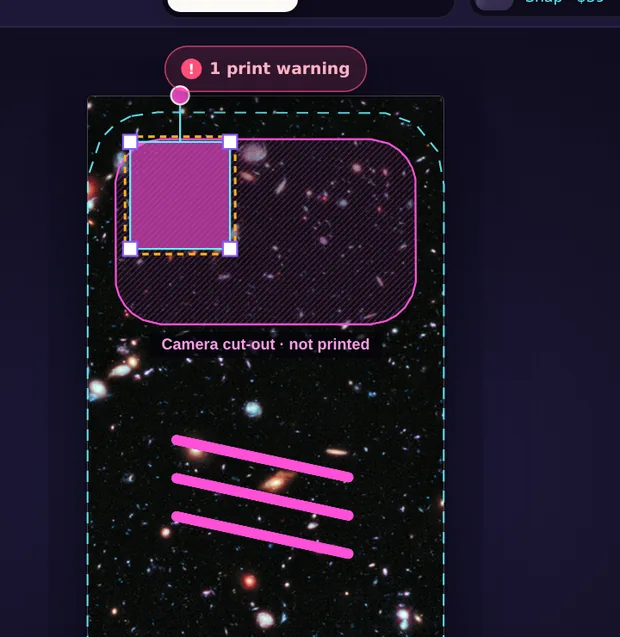 A pink square placed over the camera cut-out, with a 1 print warning badge above the sheet