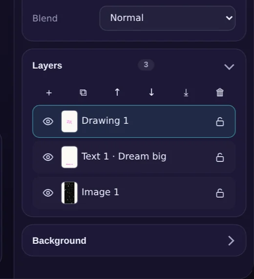 The Layers card listing Drawing 1, Text 1 Dream big and Image 1, with eye and lock icons and buttons above