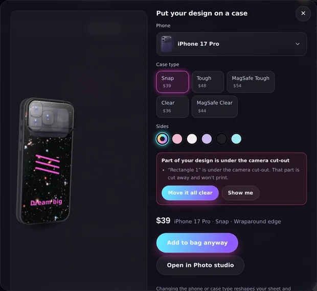 The Put your design on a case window with phone, case type, sides, a print warning, price and Add to bag