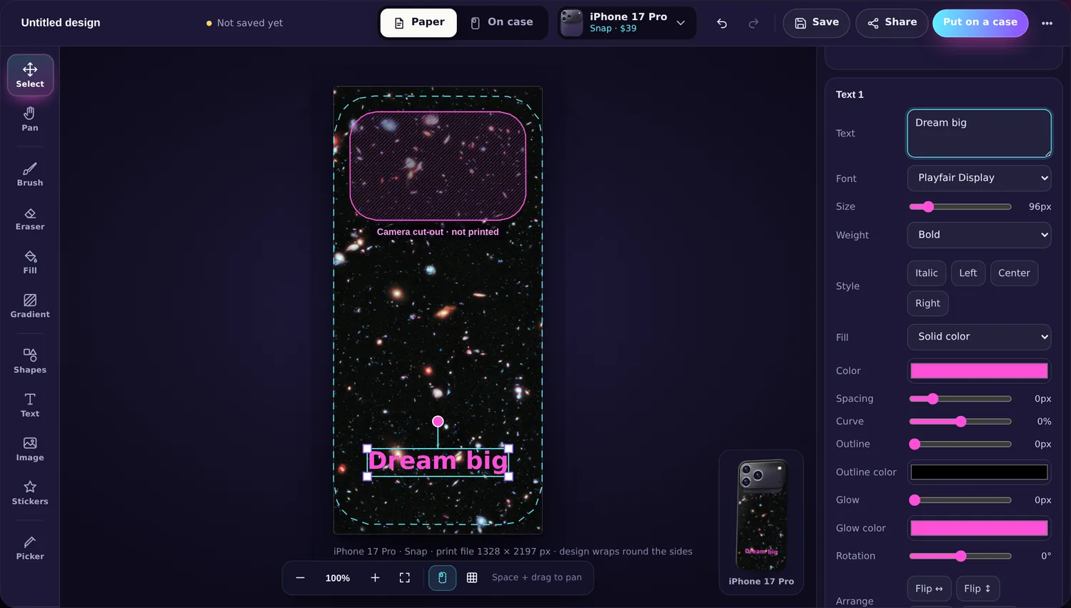 The Design Lab with a space photo and the words Dream big on an iPhone 17 Pro sheet